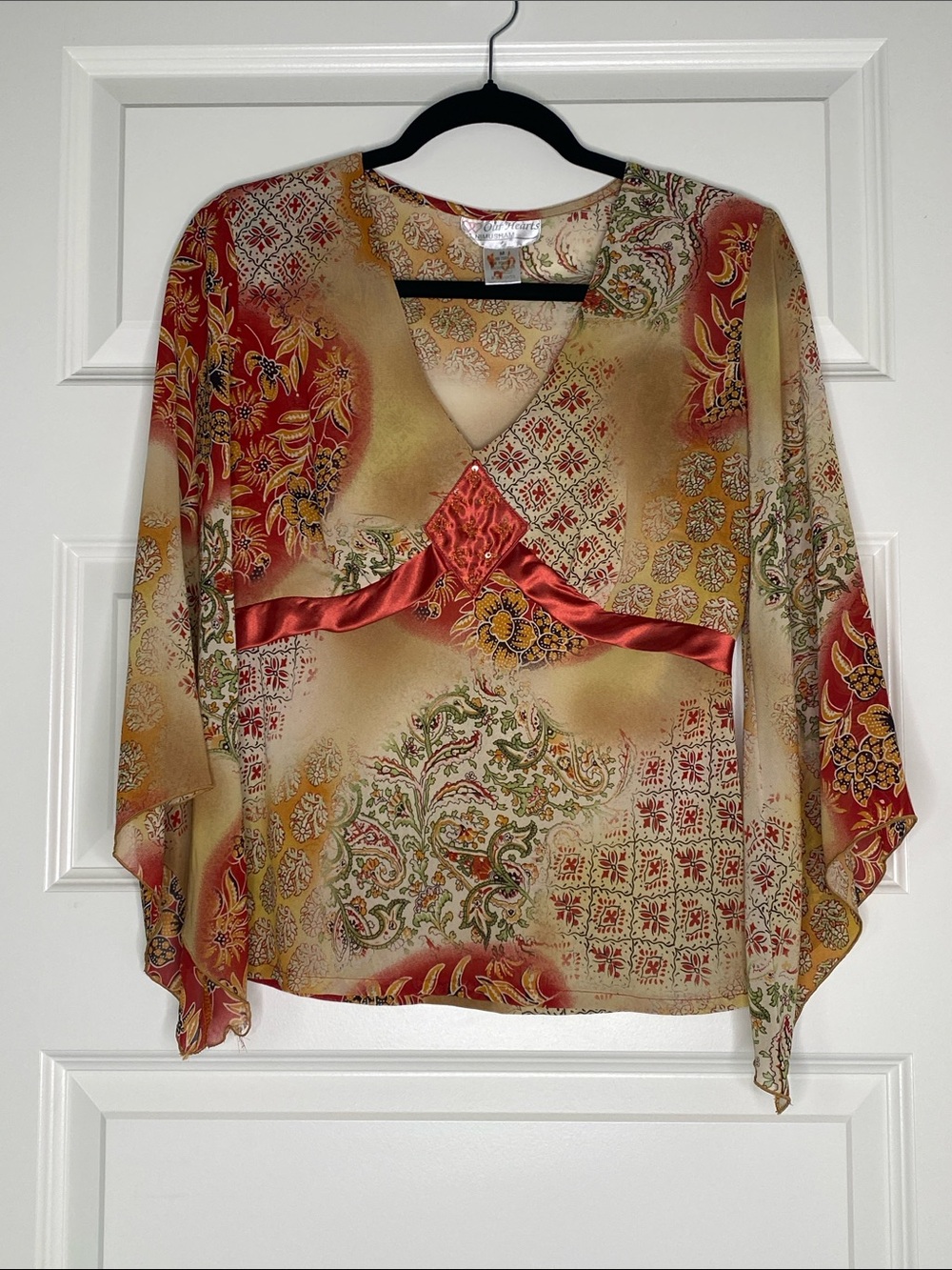 Y2K Boho Floral V-Neck Satin-Trim Blouse